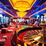 CM88 Casino atmosphere with players at roulette and vibrant slot machines.