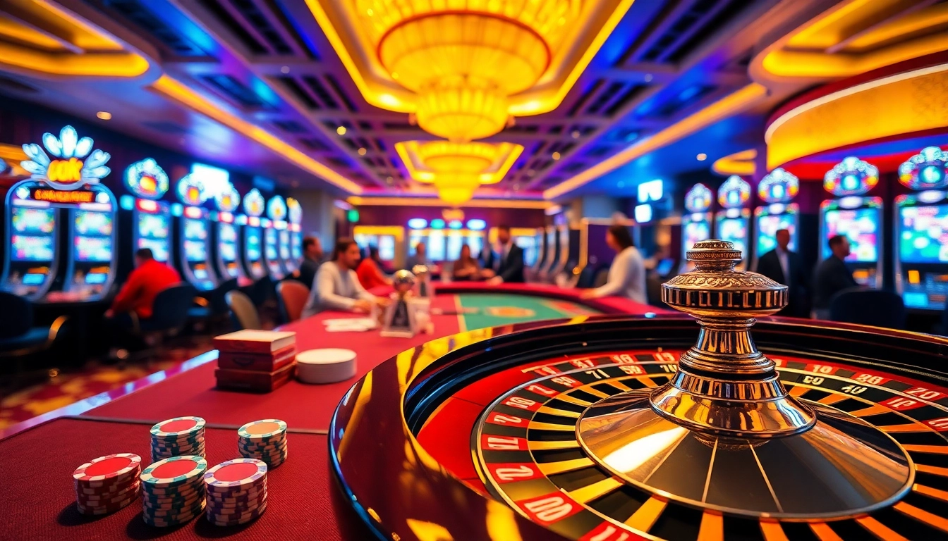 CM88 Casino atmosphere with players at roulette and vibrant slot machines.