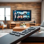 Engaging visual of iron tv device in a contemporary living room, showcasing vibrant streaming content.