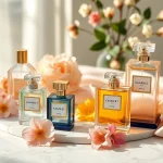 Beautiful collection of perfumes inspired by perfumes on a marble tabletop with floral accents.