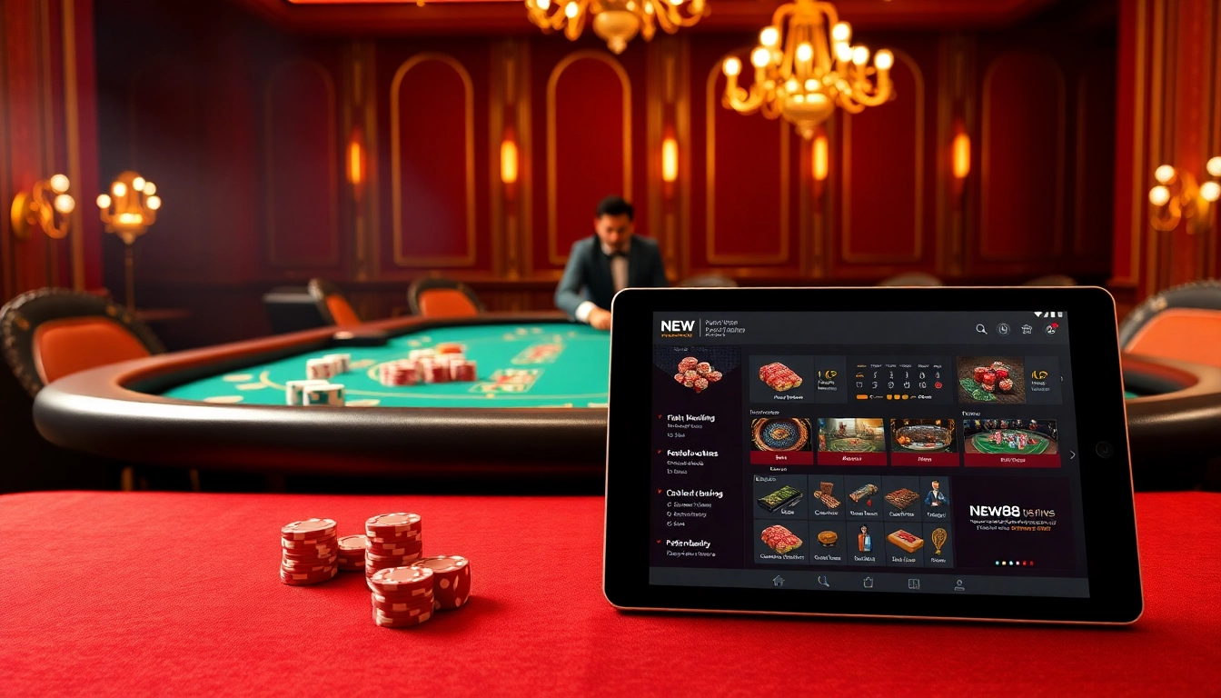 Experience the excitement of casino gaming with New88 at https://vnew88.vip/, featuring dealers, poker chips, and betting interfaces.
