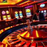 Experience thrilling games at f168 with vibrant casino visuals featuring roulette and slot machines.