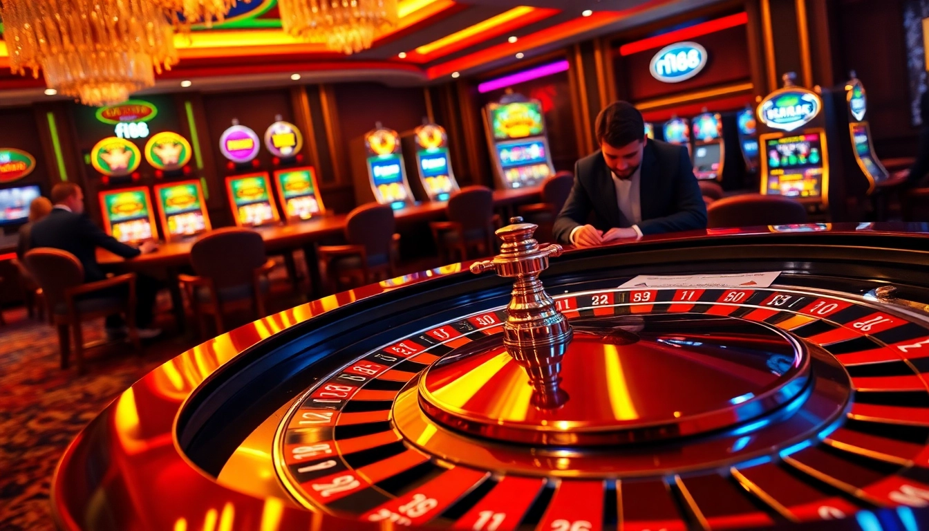 Experience thrilling games at f168 with vibrant casino visuals featuring roulette and slot machines.