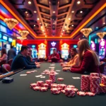 Players engaged in game f168 at an exciting casino table, showcasing vibrant poker chips and electric atmosphere.