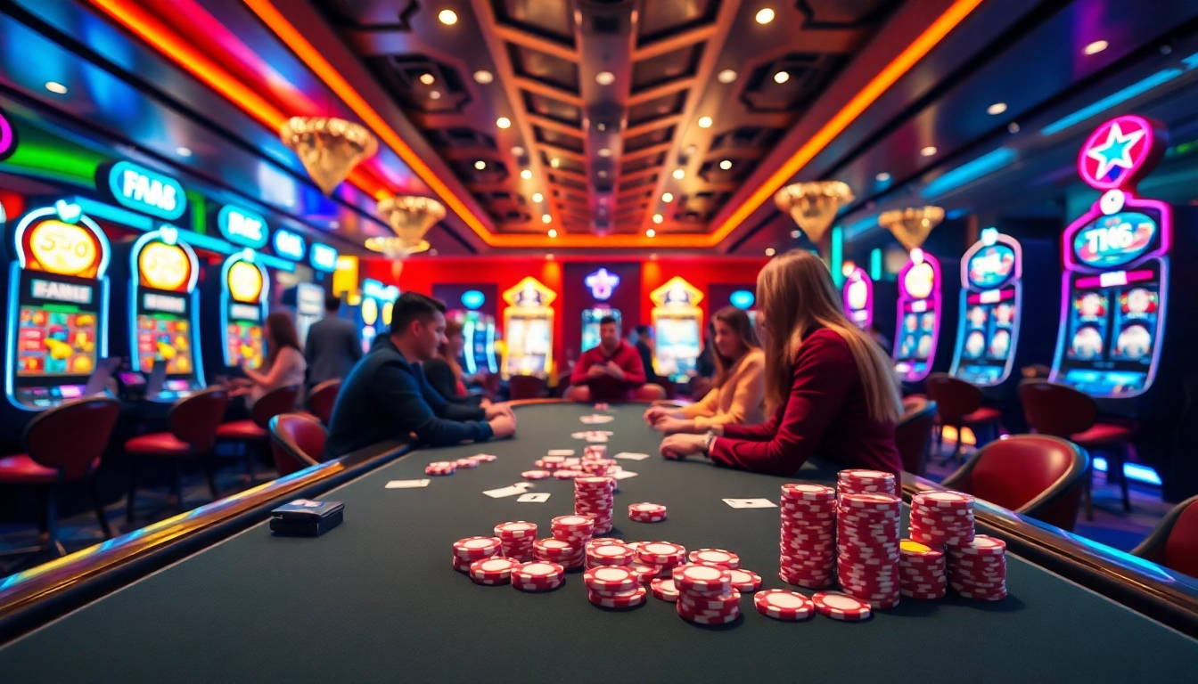 Players engaged in game f168 at an exciting casino table, showcasing vibrant poker chips and electric atmosphere.