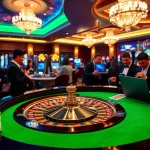 Players enjoying an exhilarating F8bet experience at a luxury casino table with vibrant colors.