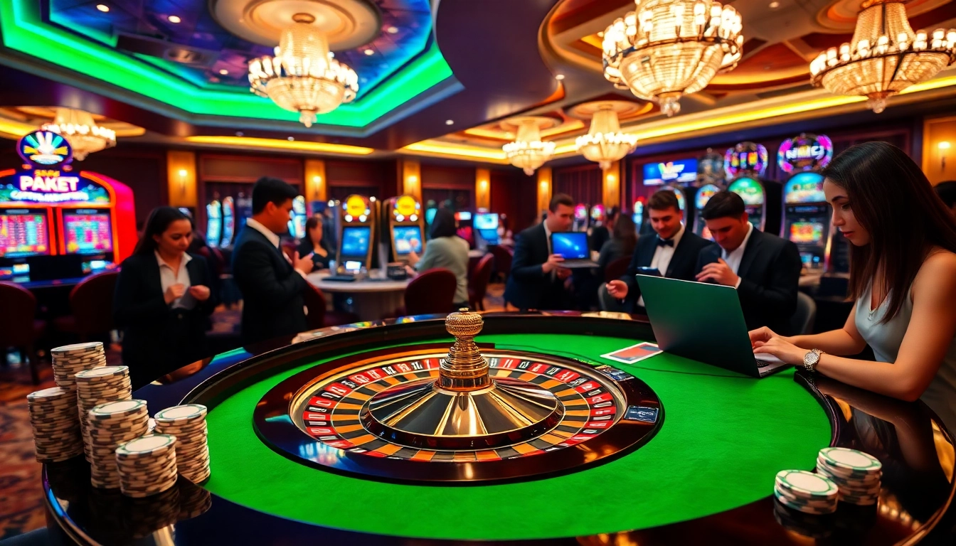 Players enjoying an exhilarating F8bet experience at a luxury casino table with vibrant colors.