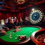 Engaging scene showing players at a casino table and the vibrant atmosphere of đăng nhập uk88 excitement.