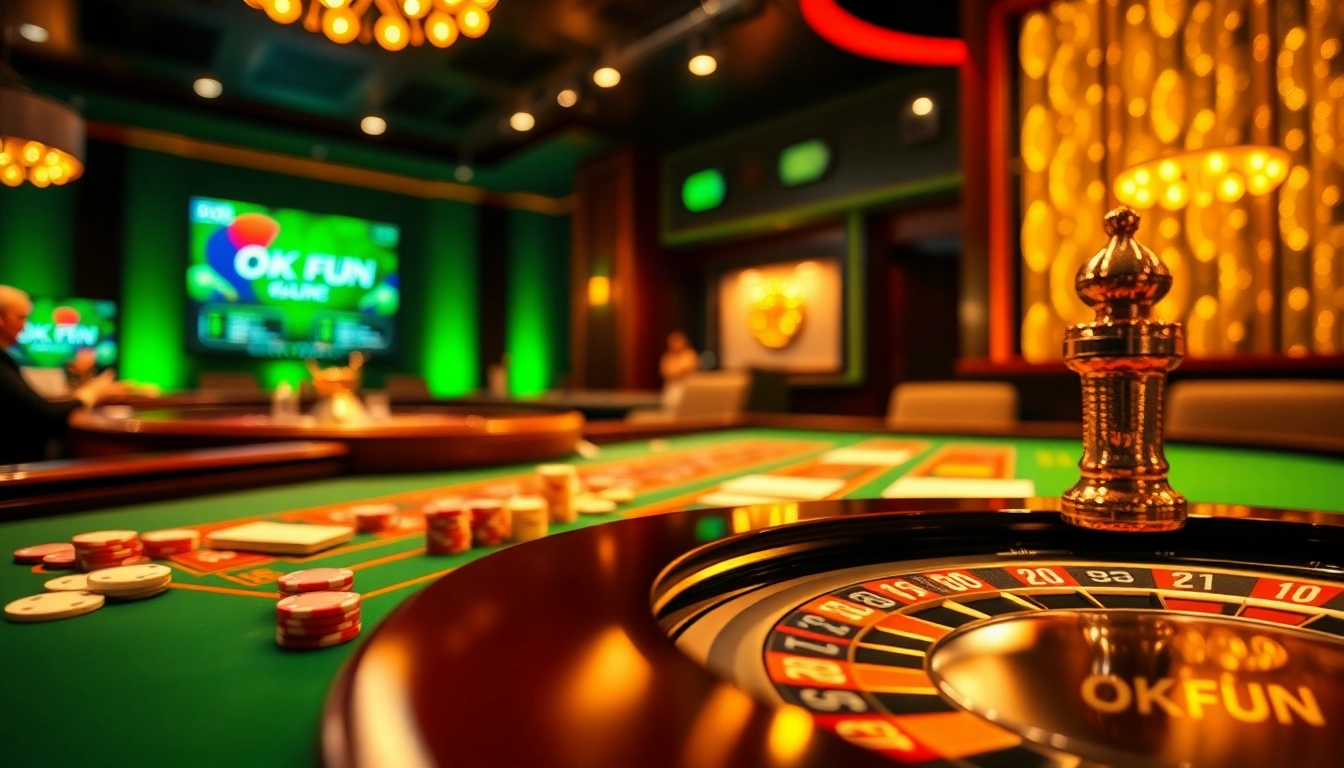 Experience thrilling online gambling at OKFUN with a vibrant casino scene showcasing games.