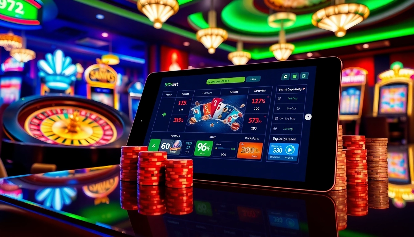 Experience the excitement of 999bet with vibrant slot machines and roulette tables in a luxurious casino environment.