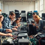 Engaging scene of free computer recycling, showcasing individuals recycling electronic devices in an eco-friendly facility.