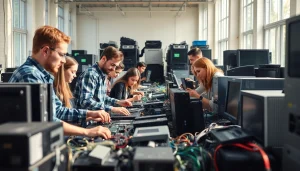 Engaging scene of free computer recycling, showcasing individuals recycling electronic devices in an eco-friendly facility.