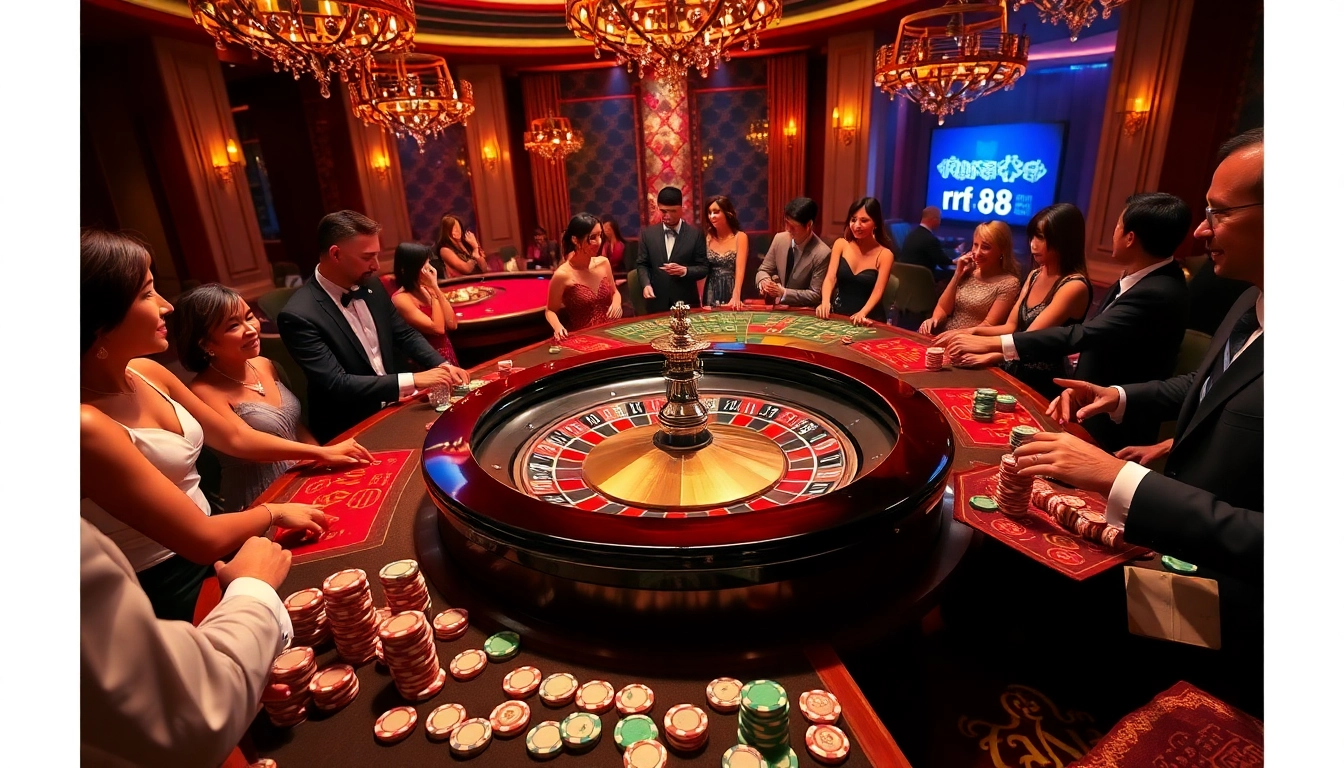 Excited players betting at the rr88 roulette table in a luxurious casino setting.