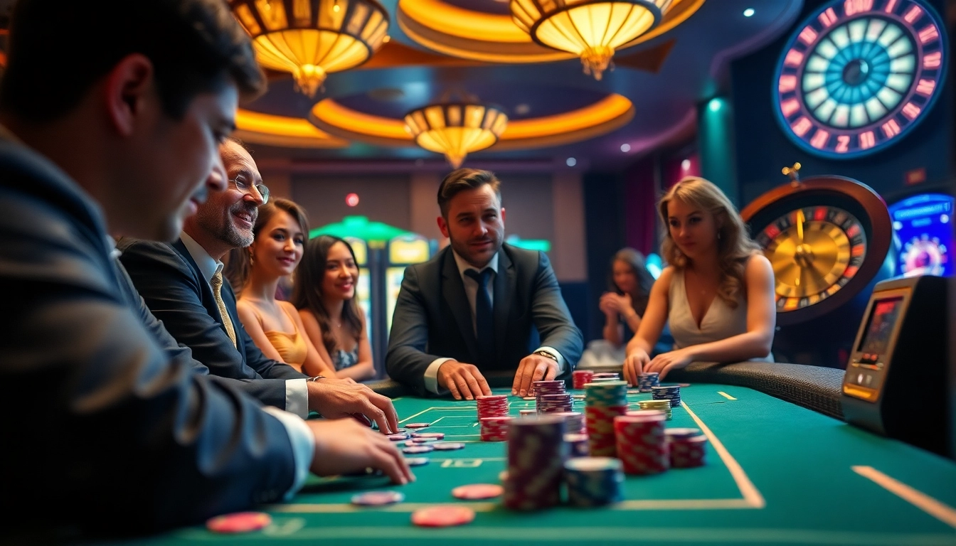 Engaged players enjoying a thrilling Oke99 casino experience at a vibrant gambling table.