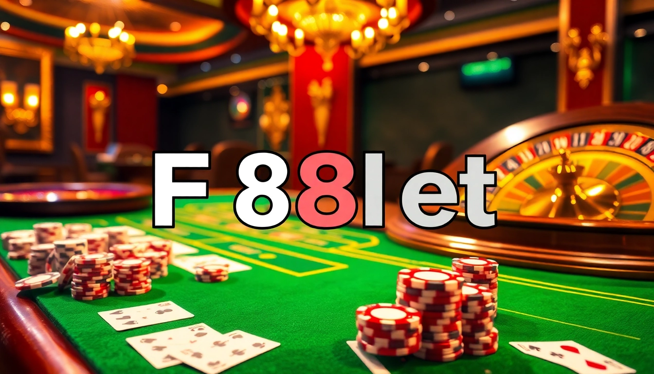 F8Bet casino scene with vibrant poker chips and roulette wheel, capturing excitement
