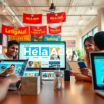 Engaging online marketplace scene with Hela Add showcasing personal and spa ads on electronic devices.