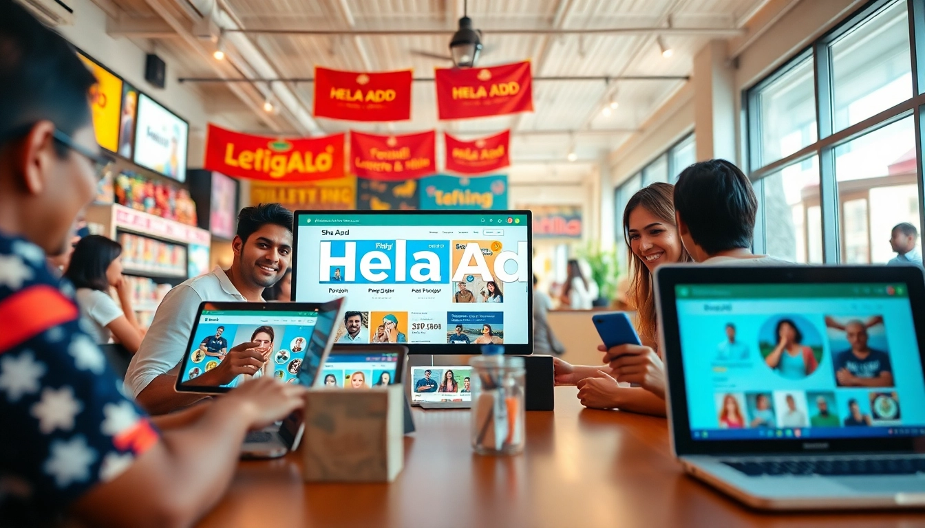 Engaging online marketplace scene with Hela Add showcasing personal and spa ads on electronic devices.
