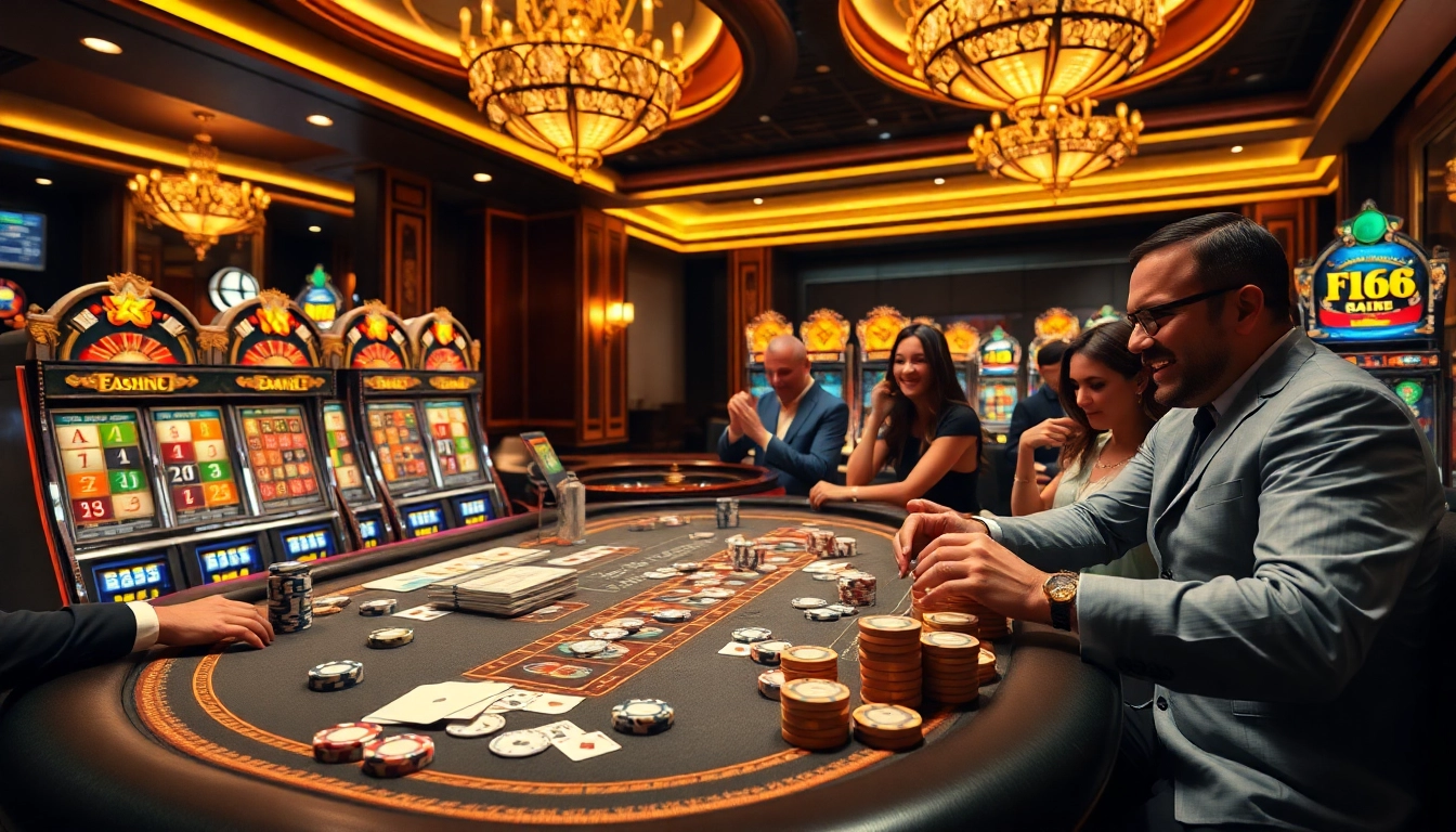 Experience the thrilling gameplay at F168 casino with luxurious tables and vibrant poker chips.