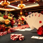 Hi88 wedding-themed casino celebration featuring a luxurious poker table decorated with flowers.