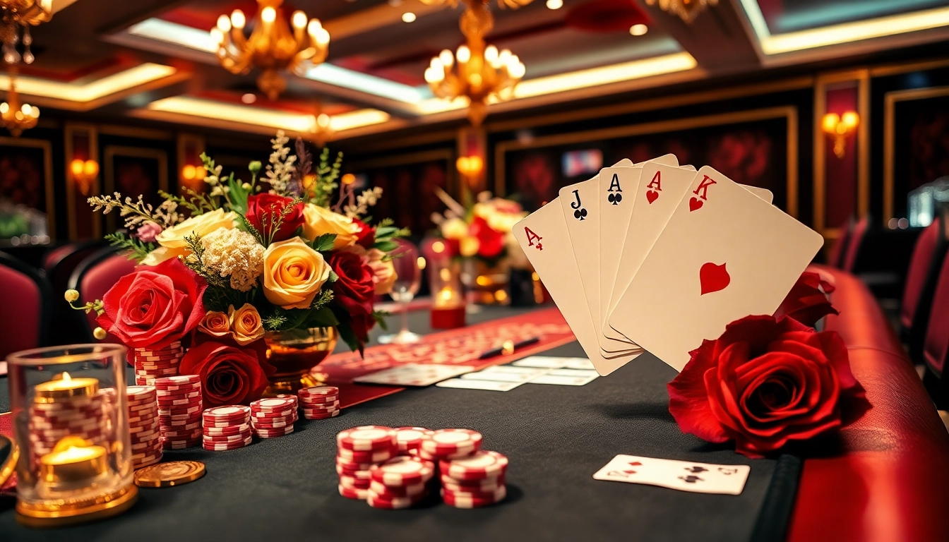 Hi88 wedding-themed casino celebration featuring a luxurious poker table decorated with flowers.