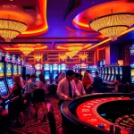 Players enjoying a thrilling Slot experience at a vibrant casino with colorful machines.