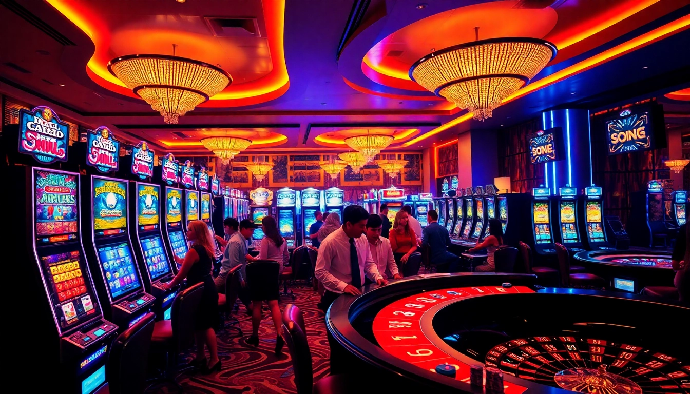 Players enjoying a thrilling Slot experience at a vibrant casino with colorful machines.