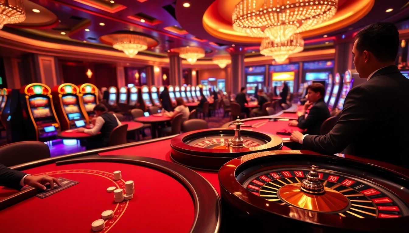 Excited players enjoying games at GG 88 casino, engaging with slot machines and poker tables.