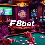 Experience the thrill of Nhà cái uy tín F8bet with vibrant casino scenes featuring poker tables, slot machines, and roulette wheels.