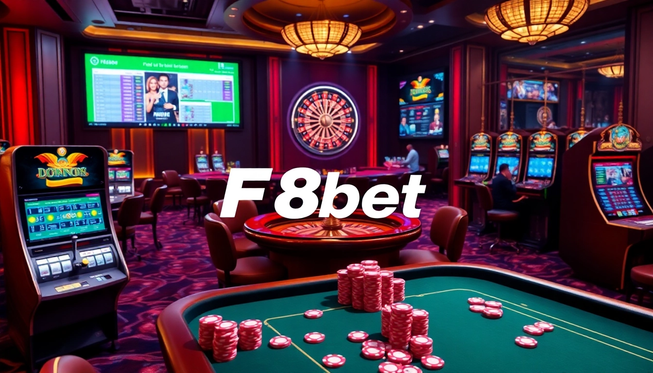 Experience the thrill of Nhà cái uy tín F8bet with vibrant casino scenes featuring poker tables, slot machines, and roulette wheels.
