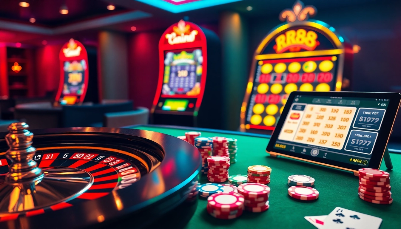 Experience the thrill of winning at RR88 with vibrant poker chips and a roulette wheel in a luxury casino.