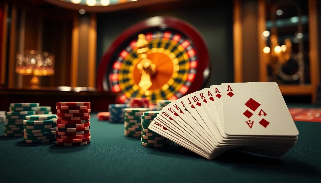 A luxurious casino scene highlighting poker chips and cards from https://lc88.it.com/, inviting gamblers to engage in exciting games.