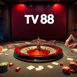 Experience thrilling poker action at TV88's vibrant casino setup with professional players.