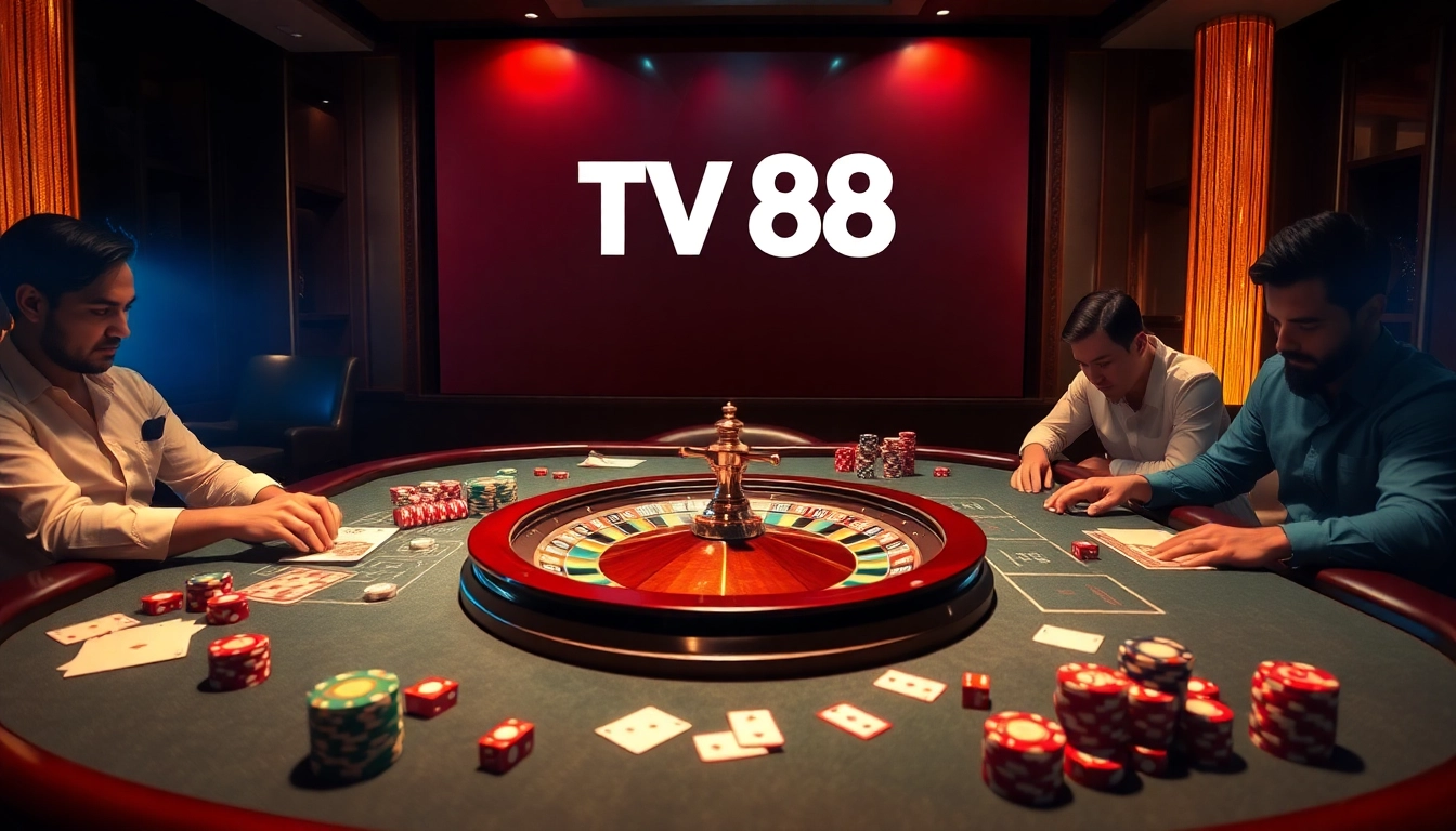 Experience thrilling poker action at TV88's vibrant casino setup with professional players.