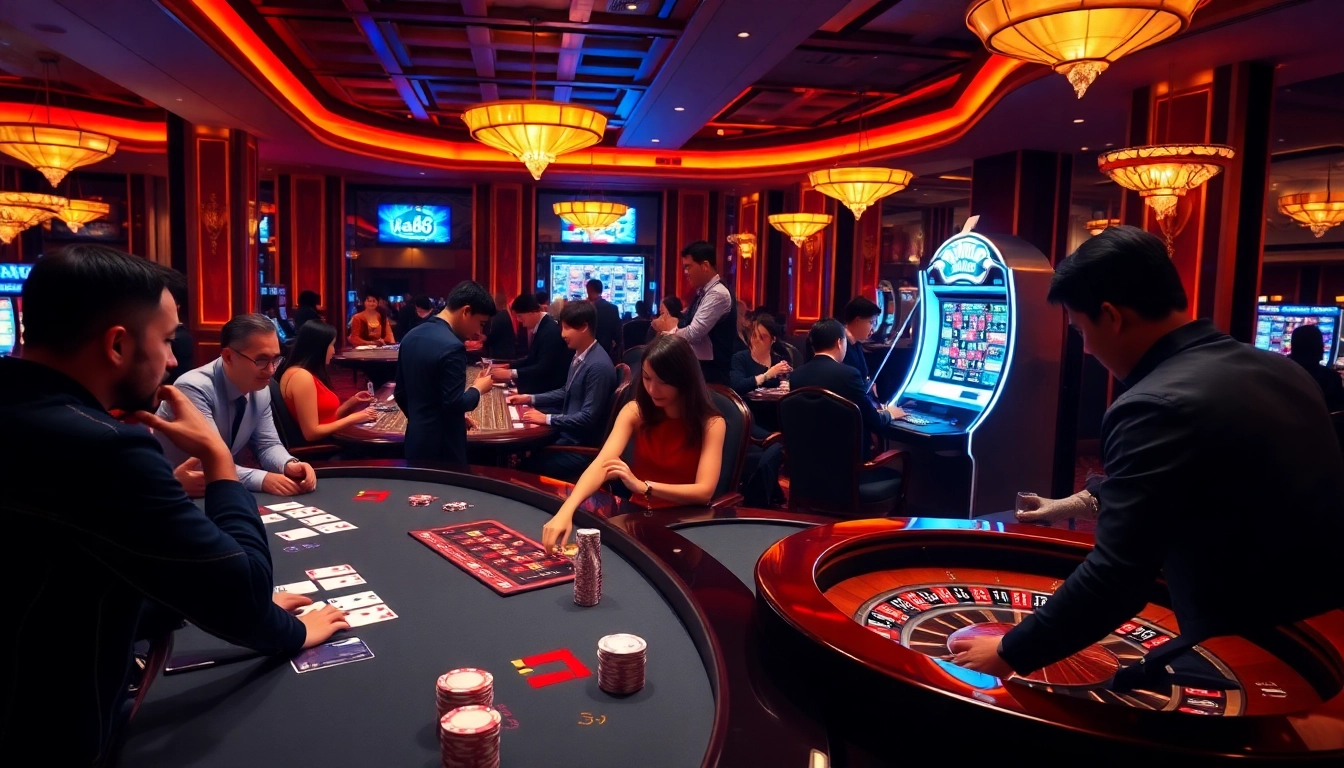 A vibrant casino scene where players enjoy gleaming tables and exciting games at max88. vin.