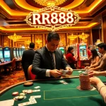 Players experiencing exciting games at a casino, with RR888 prominently featured on a decorative sign.