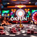 Experience the thrill of betting at OKFUN's luxurious casino table with chips and vibrant roulette.