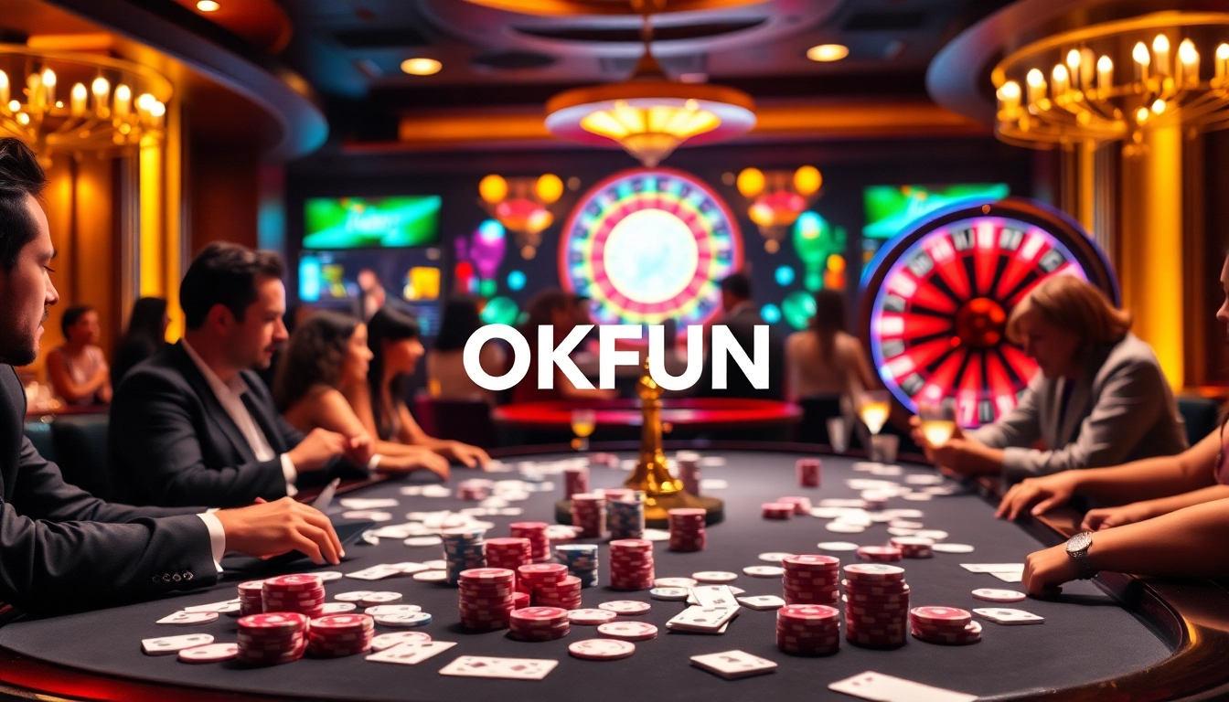 Experience the thrill of betting at OKFUN's luxurious casino table with chips and vibrant roulette.