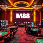 M88 casino experience with vibrant gaming tables and excited players enjoying online gambling.