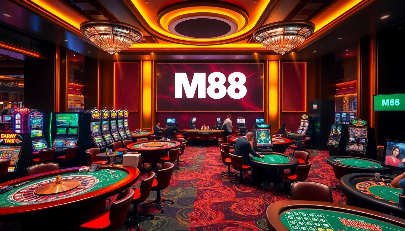 M88 casino experience with vibrant gaming tables and excited players enjoying online gambling.