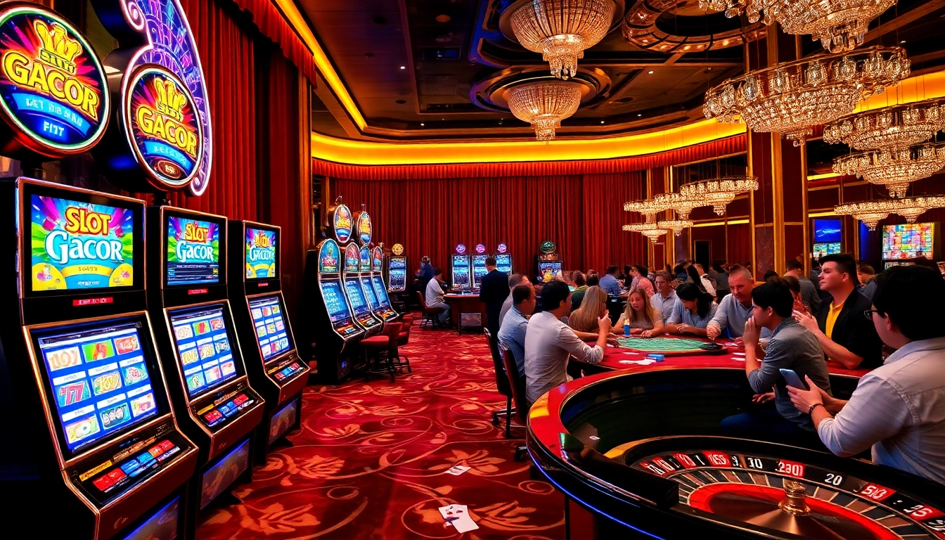 Players winning at Slot Gacor machines in a lively casino atmosphere.