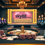Experience thrilling gambling action at https://sky88sk.com/ with a vibrant casino atmosphere featuring cards and chips.