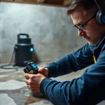 Technician detecting a leak in concrete floor using advanced tools for professional leak detection services.