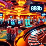 Experience the thrill of winning with 888b at an exciting casino scene filled with vibrant colors and action.