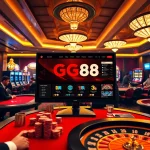 GG88 online gambling interface highlighted in a vibrant casino scene with poker tables and slot machines.