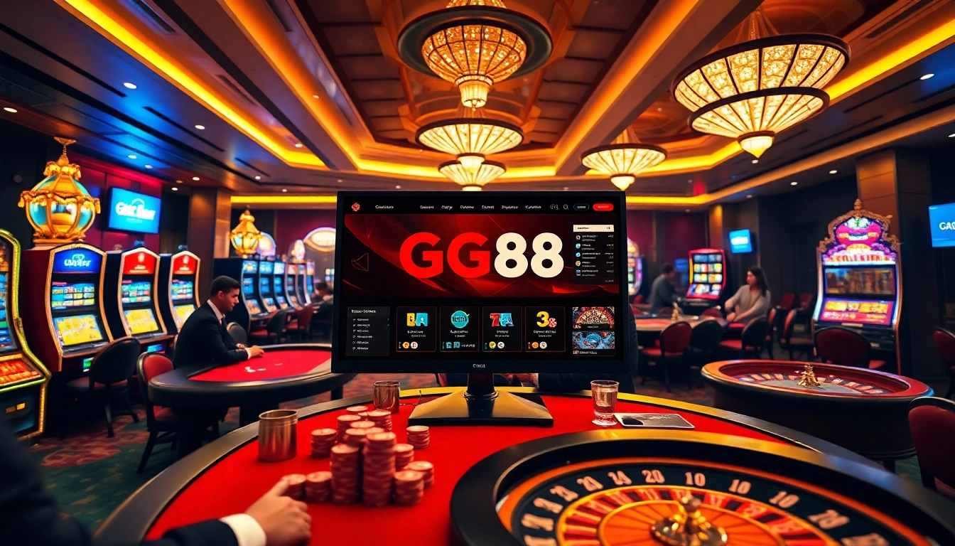 GG88 online gambling interface highlighted in a vibrant casino scene with poker tables and slot machines.