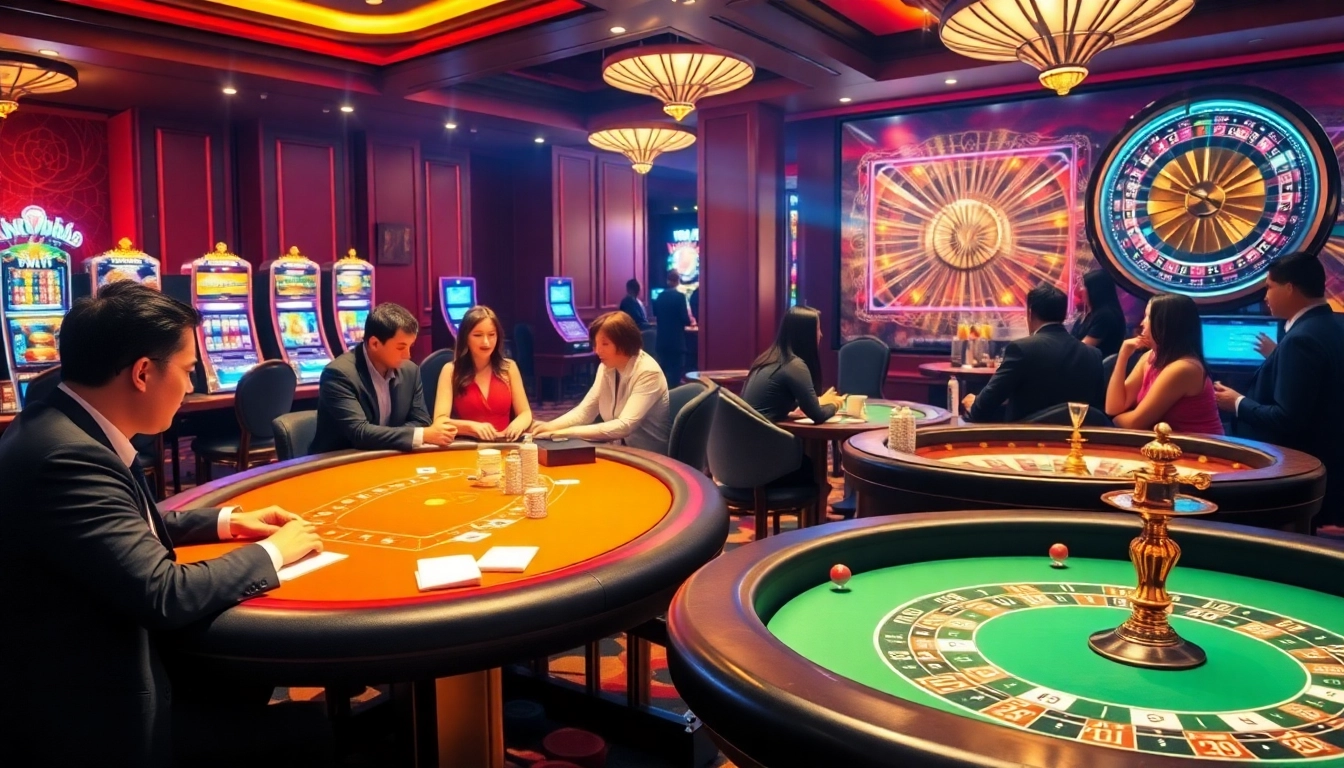 Experience the thrill of gambling at nhà cái red88 with an exciting casino scene featuring poker tables and vibrant slot machines.