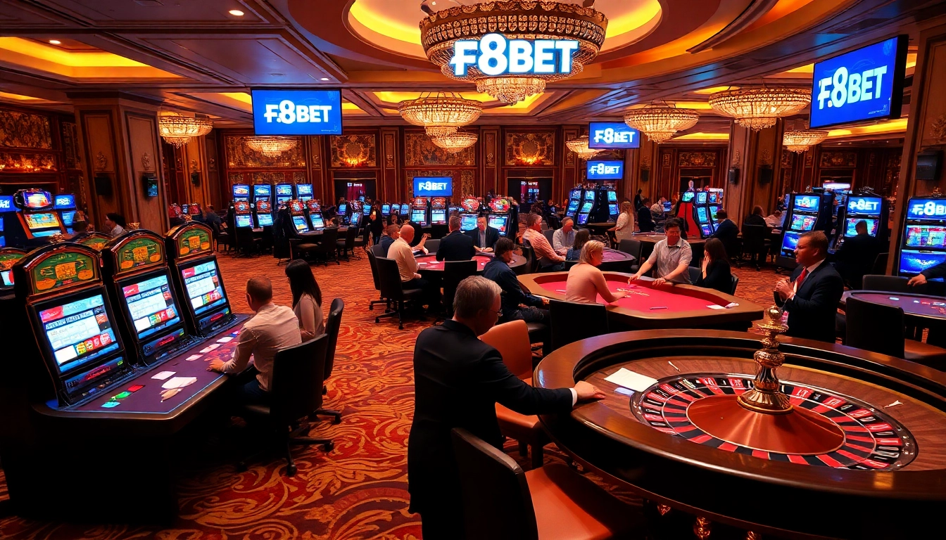Experience thrilling gambling at F8BET with vibrant casino tables and enthusiastic players.