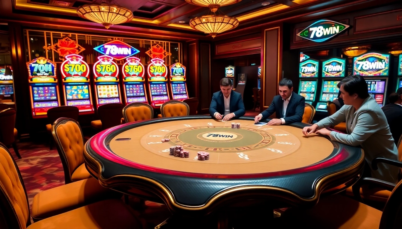 Players enjoying vibrant 78WIN table games in a luxurious casino environment.