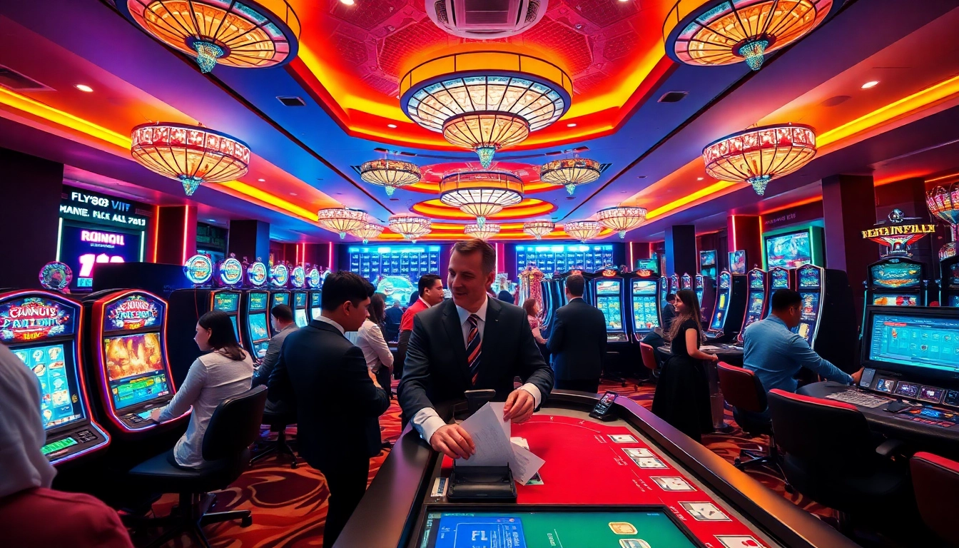 Dynamic scene of FLY88 VIP online gaming with players engaged in slots and baccarat.