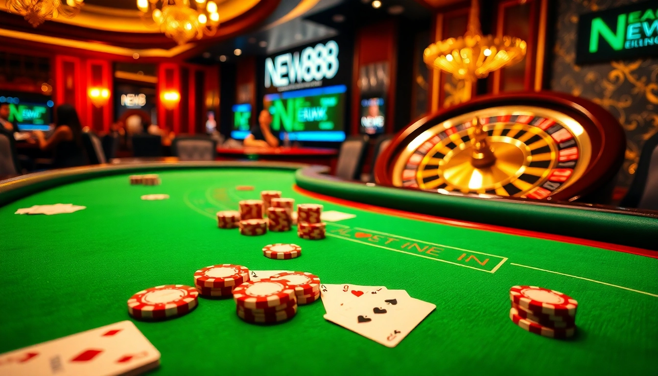 Experience vibrant blackjack action at NEW88 link casino with polished poker chips and spinning roulette.